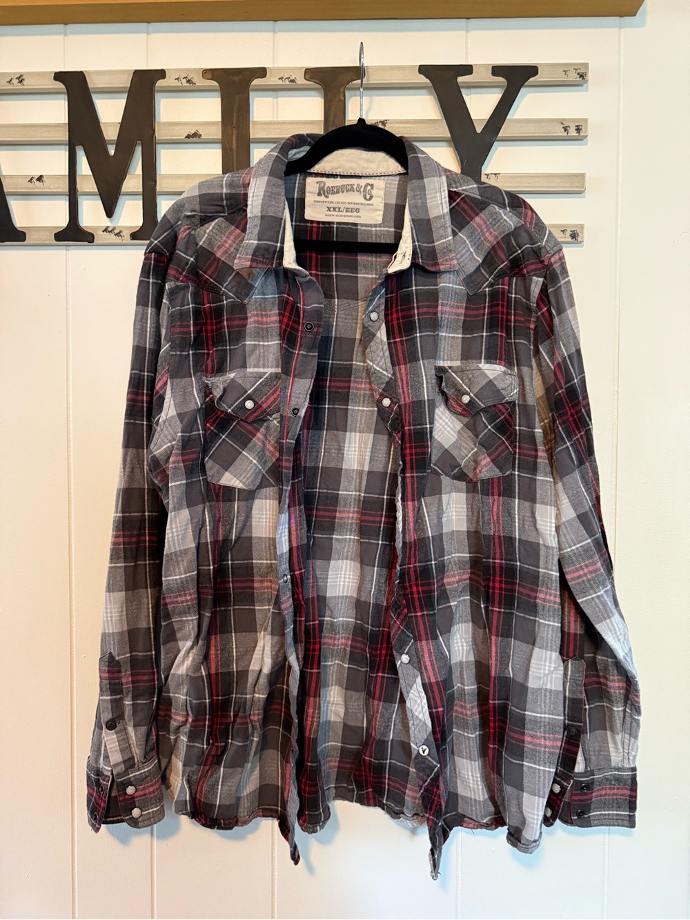 Roebuck & Co XXL Plaid with snaps Shirt - Black, Gray, Red